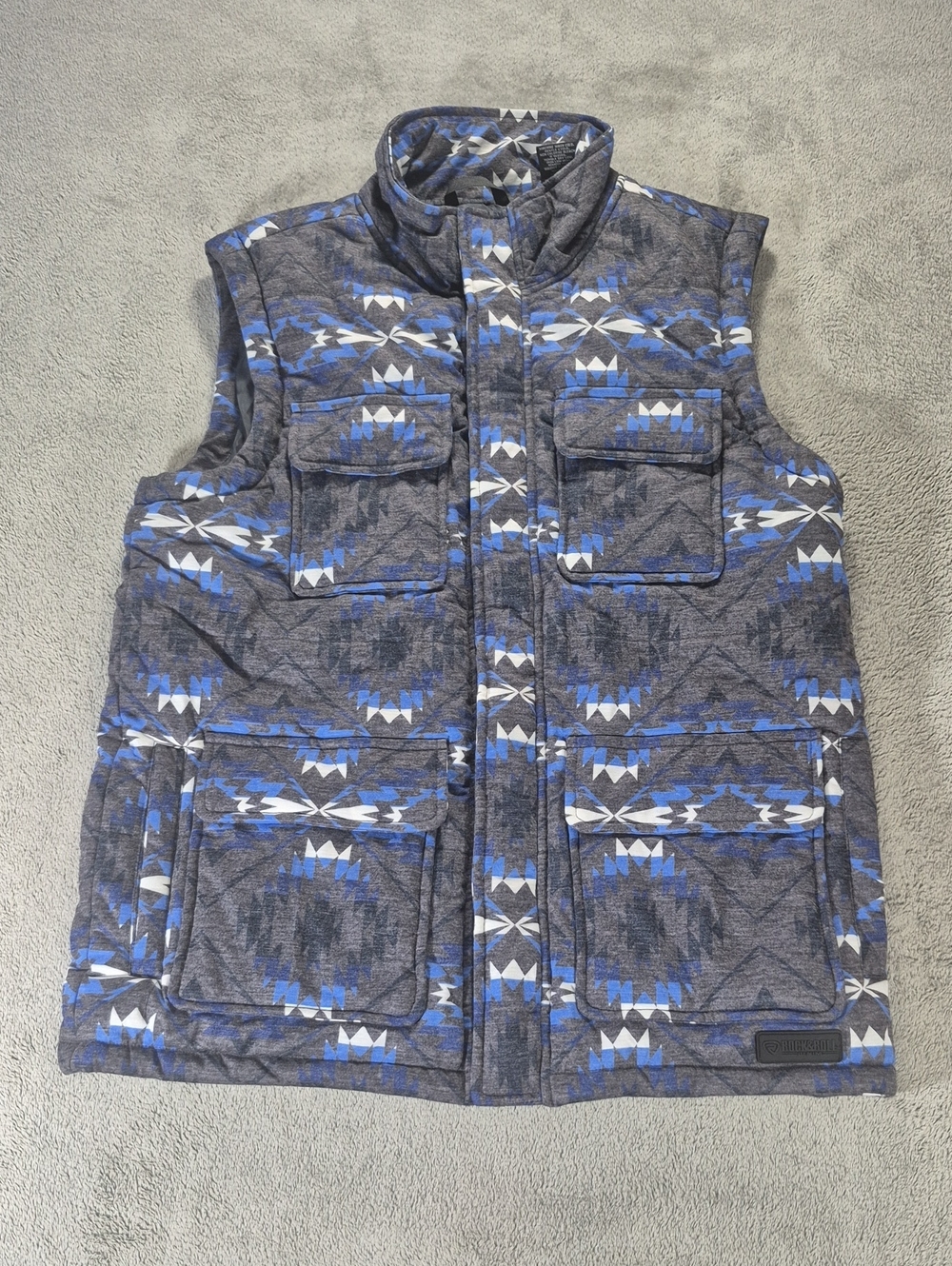 Men's Blue Gray Quilted Aztec Print Cowboy Wsstern Puffer Vest Sz S Snap Front
